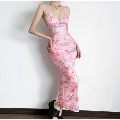 Robe Imprimée Dos Nu avec Col Papillon