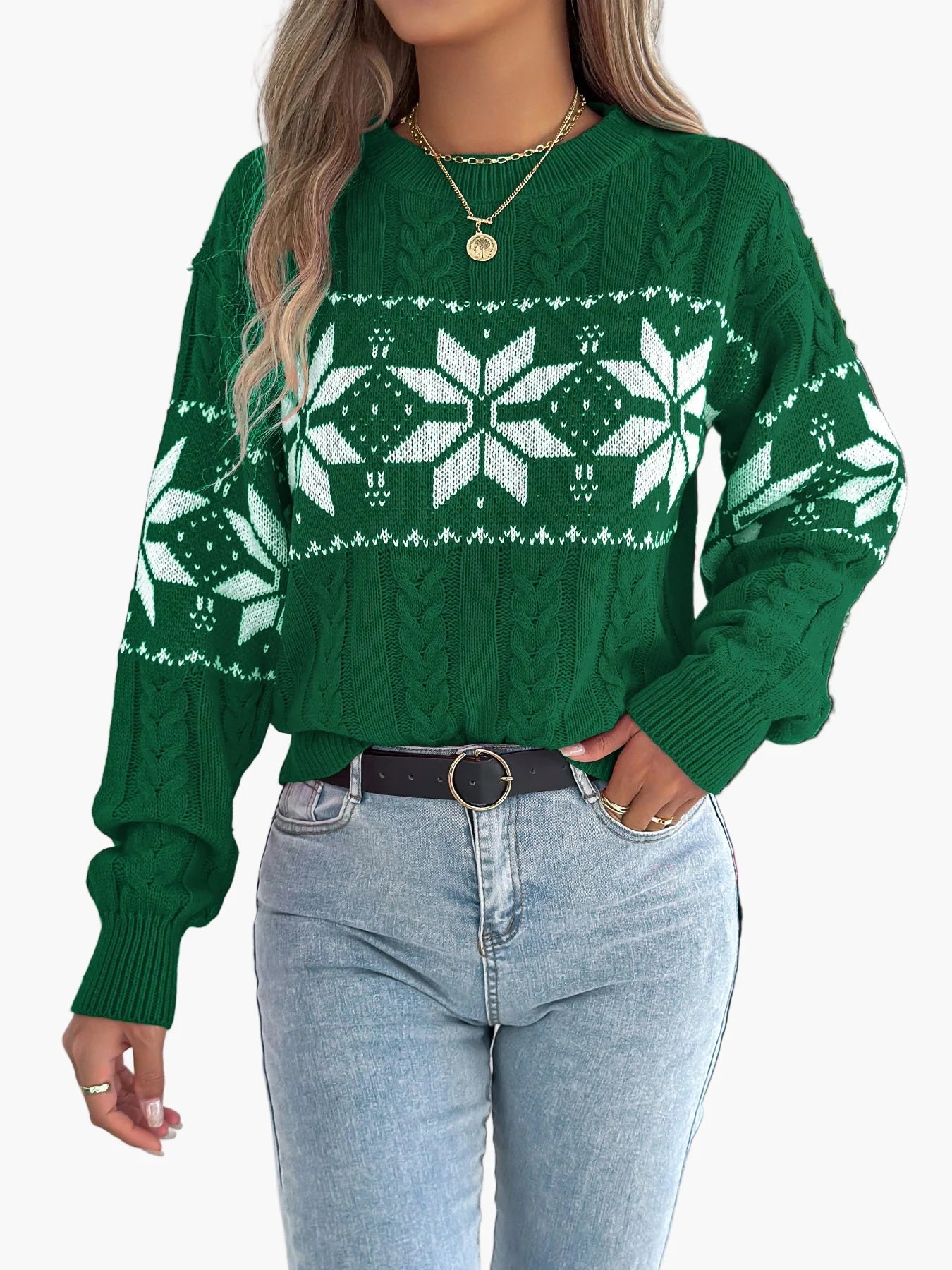 Pull de Noël femme style nordique à motif flocon, idéal pour l'hiver et les fêtes