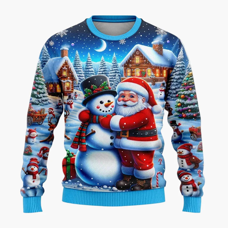 Pull de Noël fantaisie unisexe – Scène festive avec Père Noël et bonhomme de neige, idéal fêtes et cadeaux