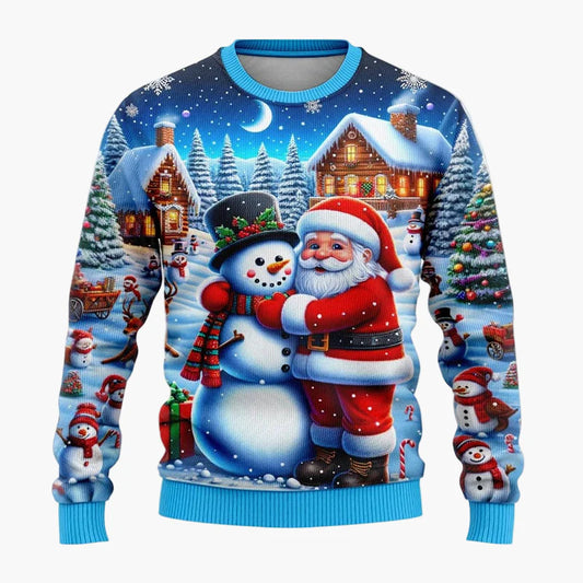 Pull de Noël fantaisie unisexe – Scène festive avec Père Noël et bonhomme de neige, idéal fêtes et cadeaux