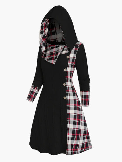 Robe pull à capuche femme style chic décontracté avec motif écossais pour automne hiver