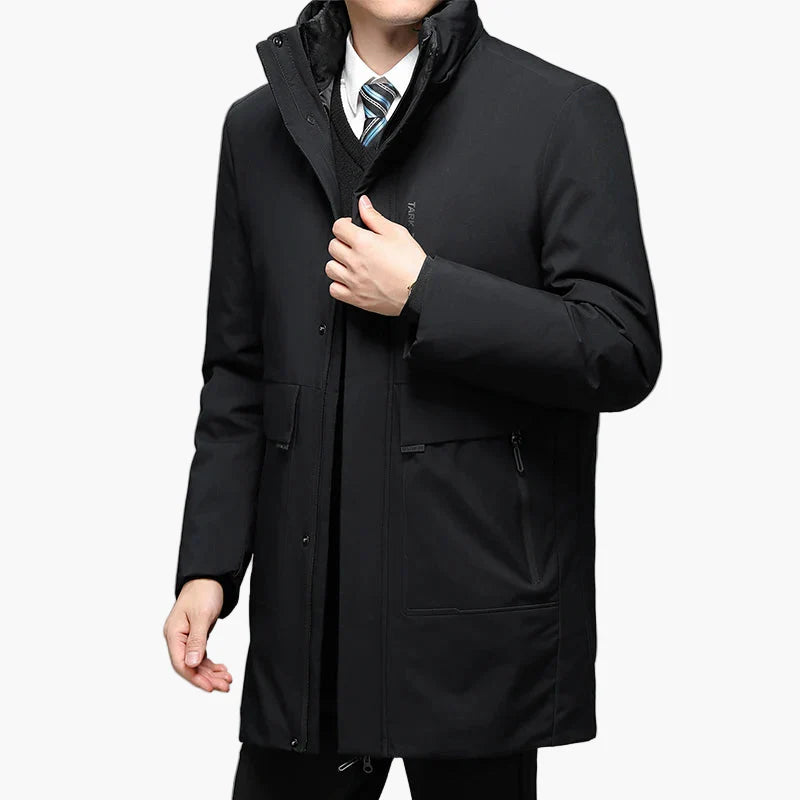 Manteau d'hiver homme élégant style business, veste longue à capuche pour usage professionnel et quotidien