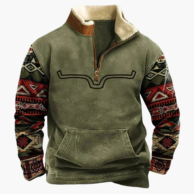 Sweat-shirt polaire homme style western à col zippé – Motifs ethniques et bisons