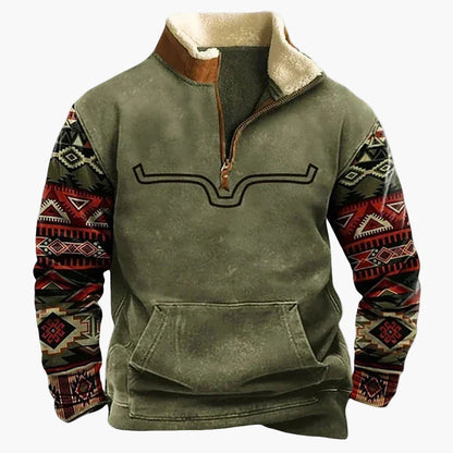 Sweat-shirt polaire homme style western à col zippé – Motifs ethniques et bisons