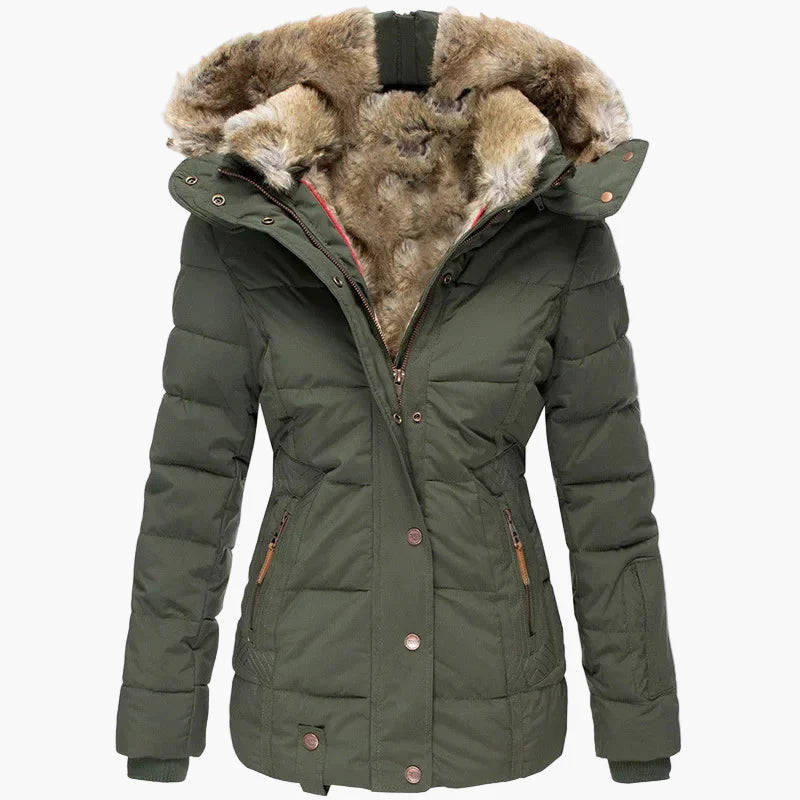 Manteau d'hiver femme à capuche style urbain élégant, coupe cintrée, col fourrure et fermeture zippée