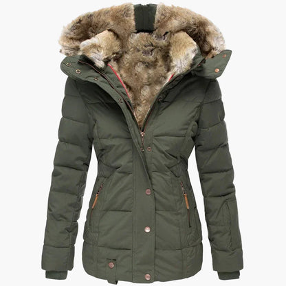 Manteau d'hiver femme à capuche style urbain élégant, coupe cintrée, col fourrure et fermeture zippée