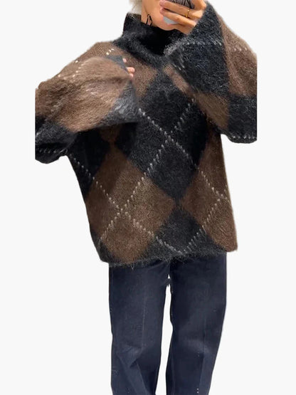 Pull oversize à motif losanges pour femme, style décontracté et tendance, idéal pour l'automne et l'hiver