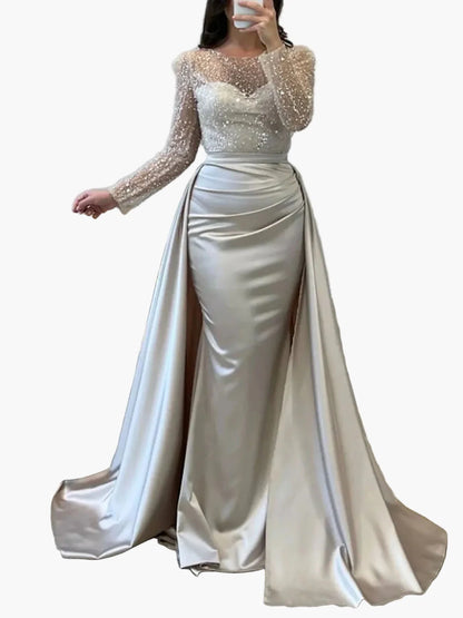 Robe de soirée femme élégante à manches longues style gala, chic et glamour pour événements formels