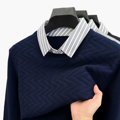 Pull col chemise effet superposé pour homme, style décontracté chic, idéal bureau et quotidien