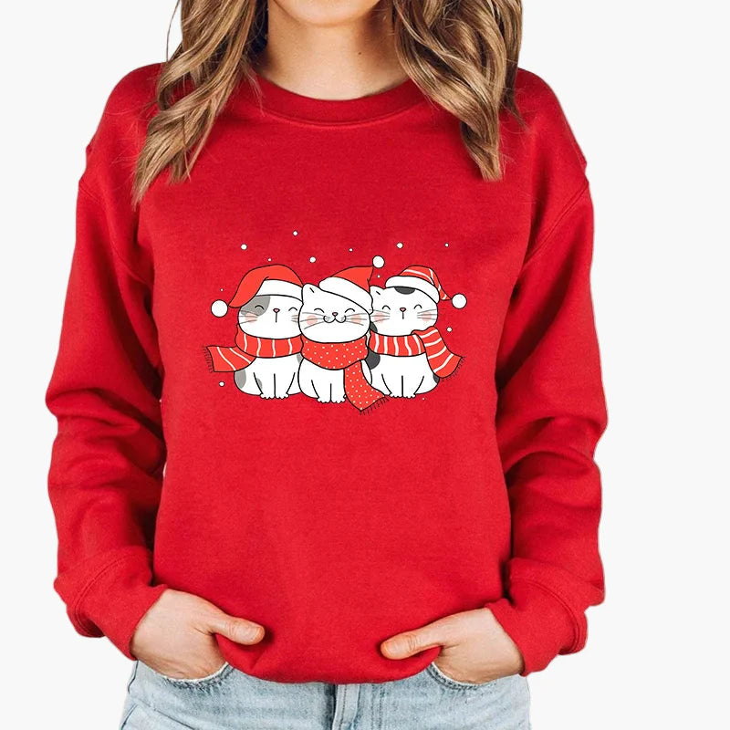 Sweatshirt Femme Style Noël avec Chat et Guirlandes Lumineuses – Idéal pour les Fêtes d’Hiver