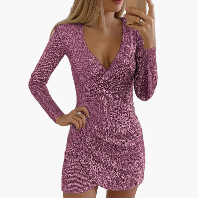 Robe Femme Élégante à Sequins Manches Longues pour Soirée et Fête