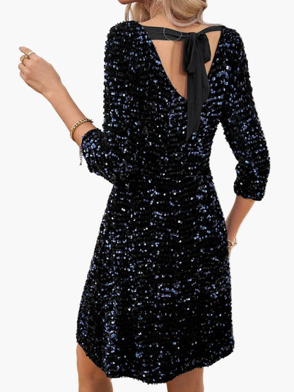 Robe femme élégante à sequins dos nu avec nœud – Tenue de soirée chic et tendance