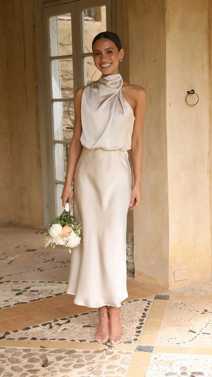 Robe Maxi en Satin avec Taille Élastique au Cou