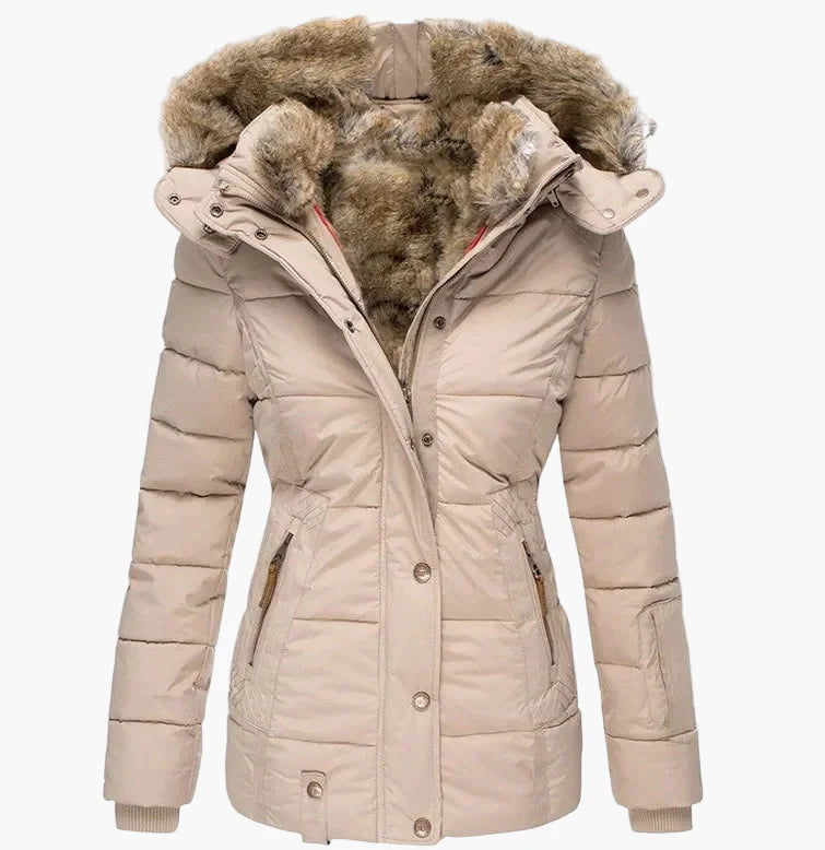 Veste d'Hiver Femme Élégante à Capuche avec Fourrure – Coupe Cintrée et Style Urbain