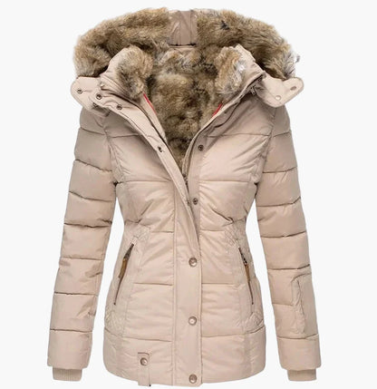 Veste d'Hiver Femme Élégante à Capuche avec Fourrure – Coupe Cintrée et Style Urbain