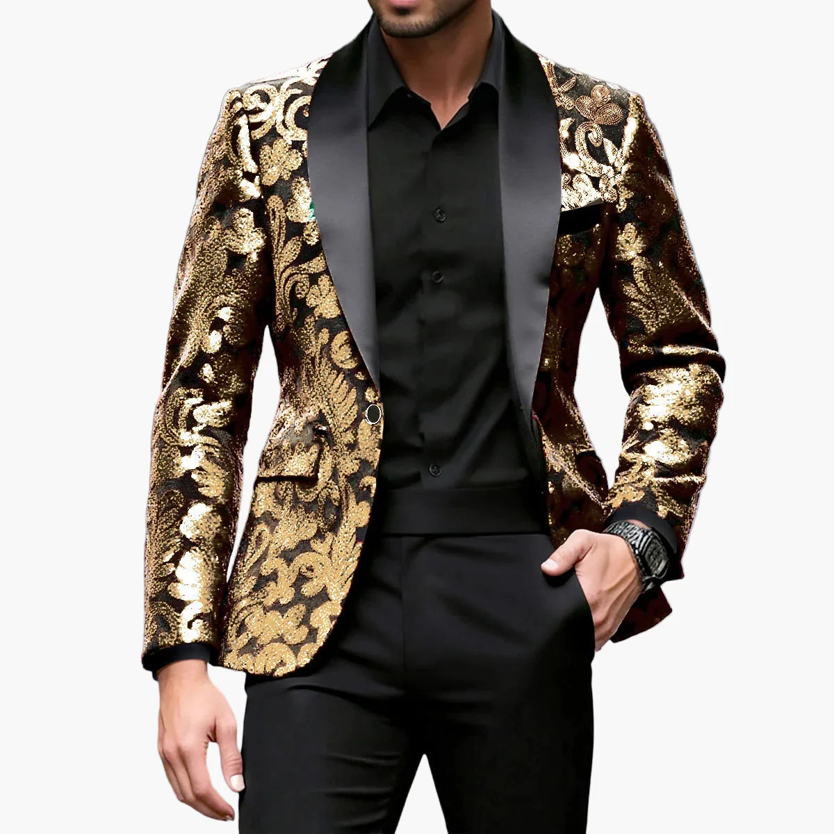 Veste de soirée homme style smoking à motifs brodés, idéale pour événements élégants et fêtes