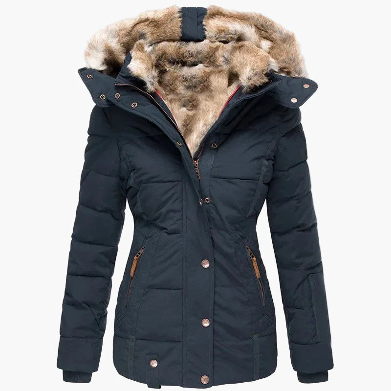 Manteau d'hiver femme à capuche style urbain élégant, coupe cintrée, col fourrure et fermeture zippée