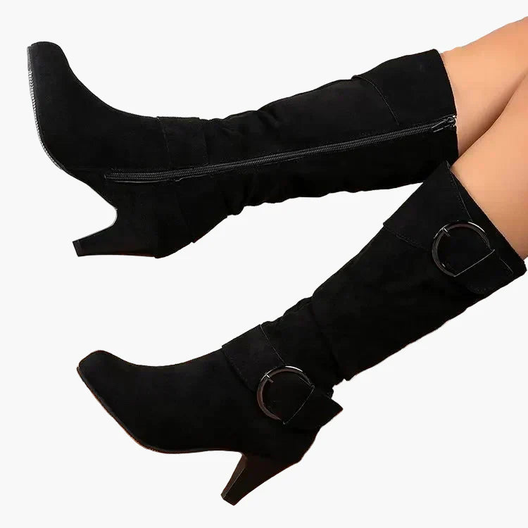 Bottes à talon mi-mollet femme style chic avec boucle – Idéales pour l'automne et l'hiver