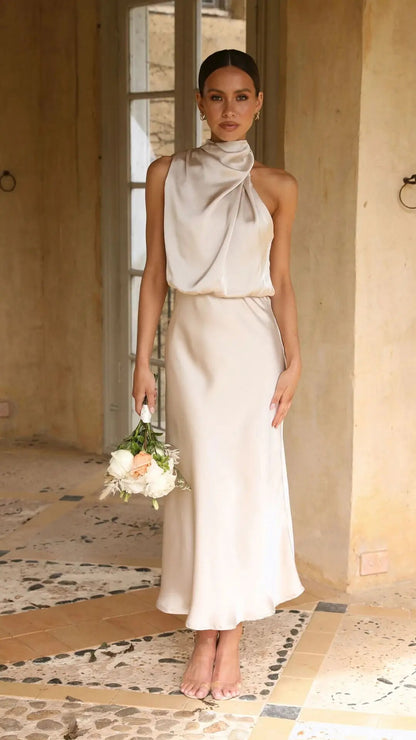 Robe Maxi en Satin avec Taille Élastique au Cou
