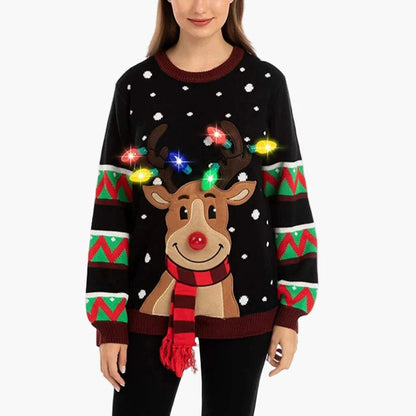 Pull de Noël Femme avec Renne Lumineux, Style Festif pour Fêtes et Hiver