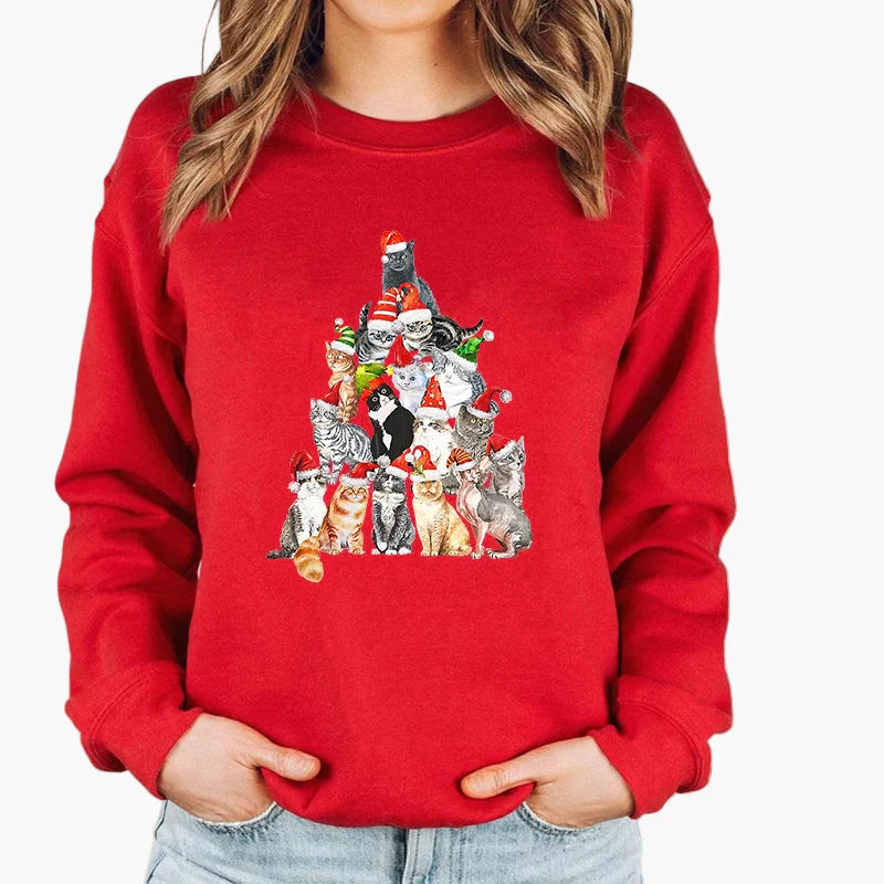 Sweatshirt Femme Style Noël avec Chat et Guirlandes Lumineuses – Idéal pour les Fêtes d’Hiver