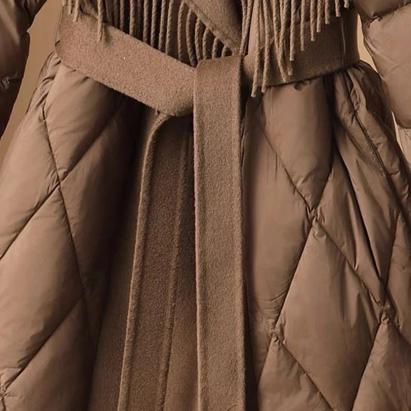 Manteau d'hiver femme style coréen avec ceinture et franges, coupe ample, tendance urbaine