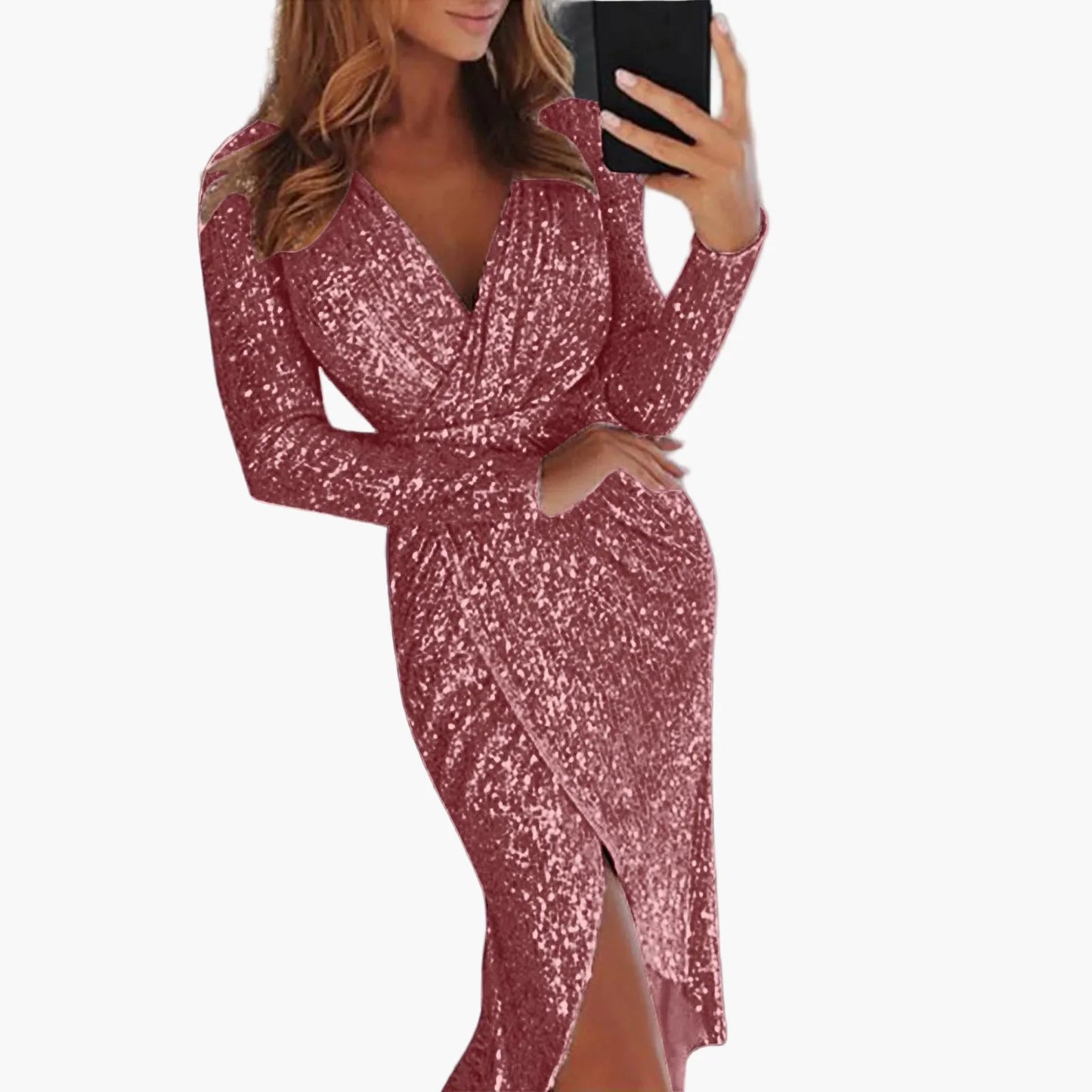 Robe Femme Élégante Décolleté Plongeant Manches Longues Style Nuit Club et Soirée