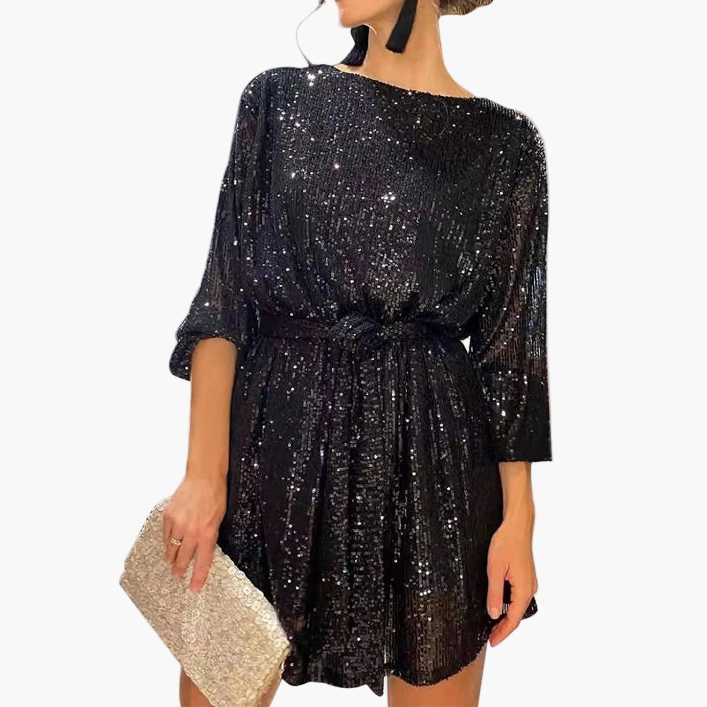 Robe de soirée à paillettes femme coupe ample manches longues – Style chic et glamour pour cocktail, fête ou événement spécial