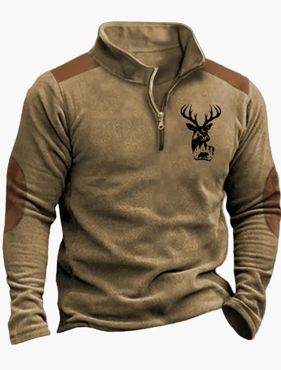 Sweat-shirt Homme Demi-zip Style Chasse Motif Cerf – Décontracté et Tendance