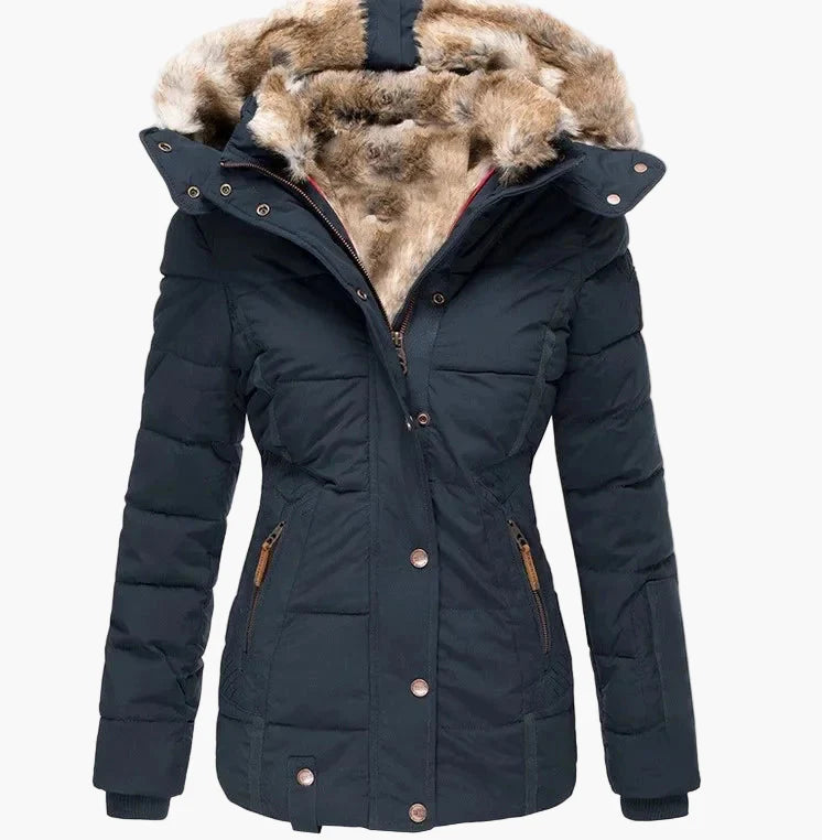 Veste d'Hiver Femme Élégante à Capuche avec Fourrure – Coupe Cintrée et Style Urbain