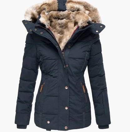 Veste d'Hiver Femme Élégante à Capuche avec Fourrure – Coupe Cintrée et Style Urbain