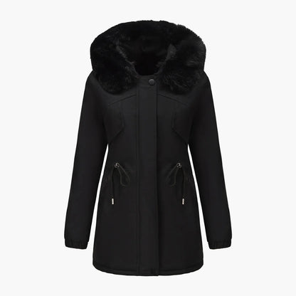 Manteau d'hiver à capuche pour femme, style élégant avec col en fausse fourrure