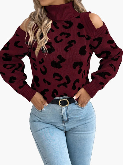 Pull femme tendance à épaules dénudées motif léopard style urbain