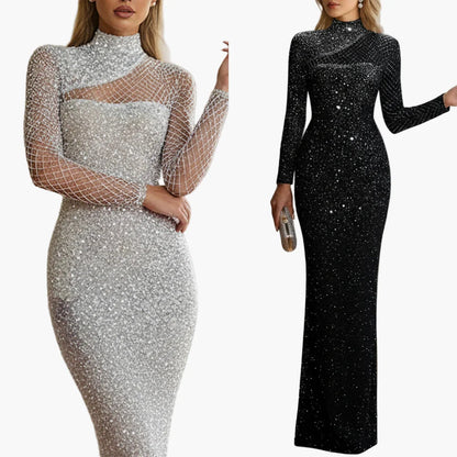 Robe de soirée longue femme élégante à paillettes, manches longues, style glamour pour occasions spéciales