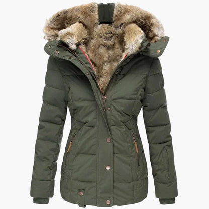 Manteau d'hiver femme à capuche style urbain élégant, coupe cintrée, col fourrure et fermeture zippée
