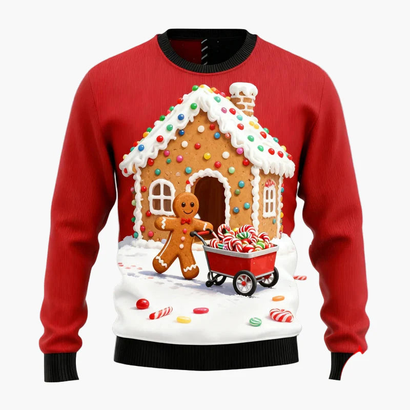 Pull de Noël homme style fun avec motifs pain d'épices et décorations festives pour fêtes