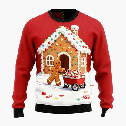 Pull de Noël homme style fun avec motifs pain d'épices et décorations festives pour fêtes