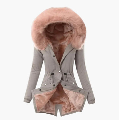 Manteau d'hiver femme élégant à capuche large fourrée style urbain chaud