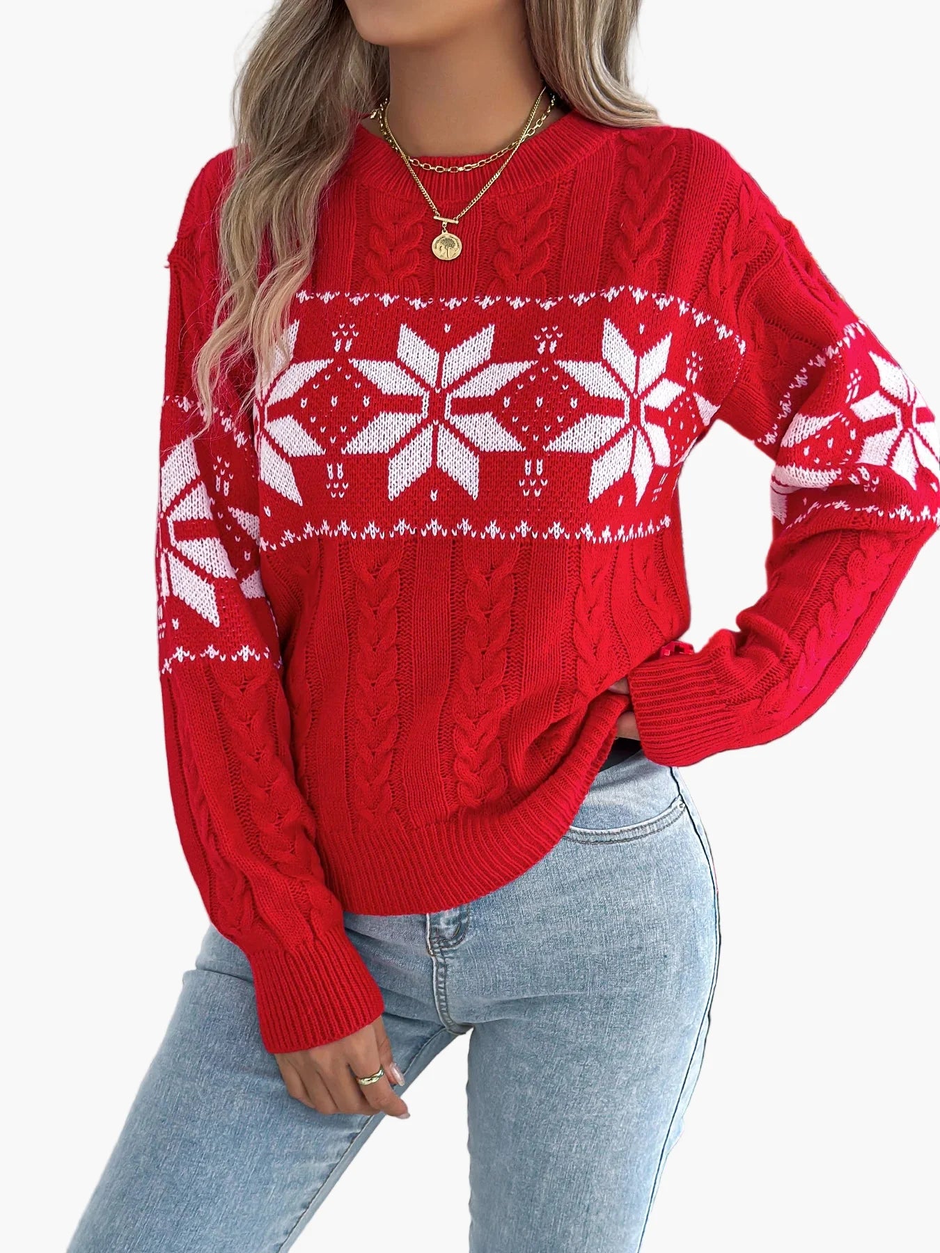 Pull de Noël femme style nordique à motif flocon, idéal pour l'hiver et les fêtes