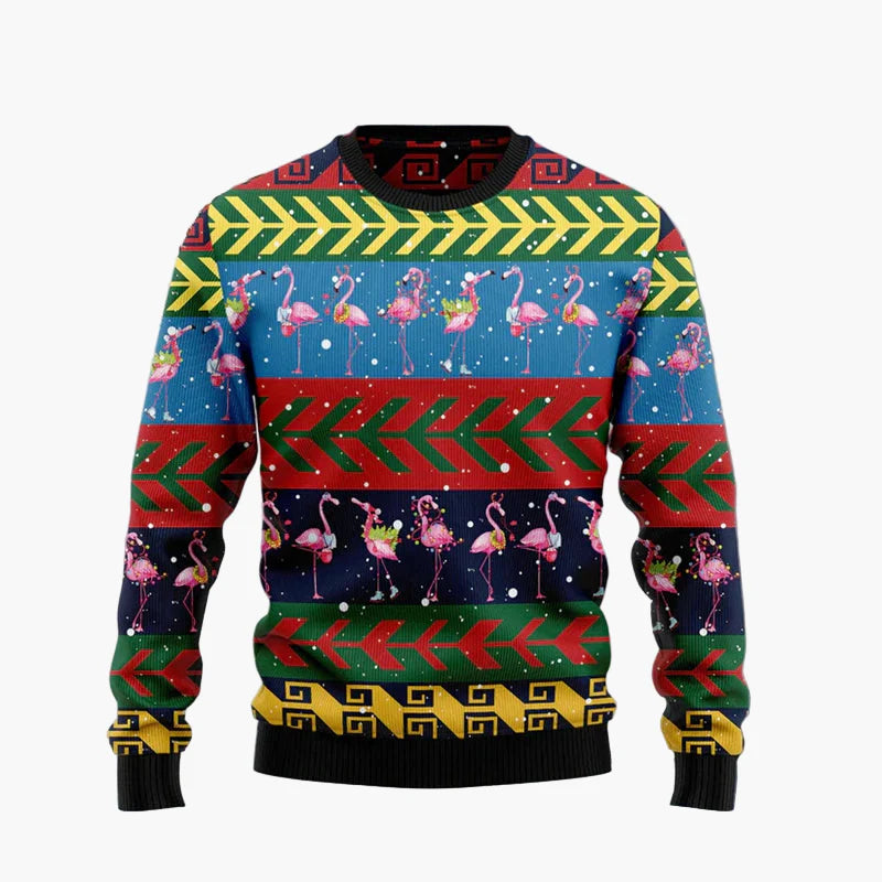 Pull de Noël fantaisie unisexe style "Ugly Christmas Sweater" avec flamants roses et message humoristique