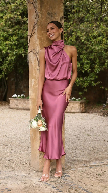 Robe Maxi en Satin avec Taille Élastique au Cou