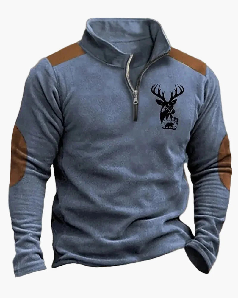 Sweat-shirt Homme Demi-zip Style Chasse Motif Cerf – Décontracté et Tendance