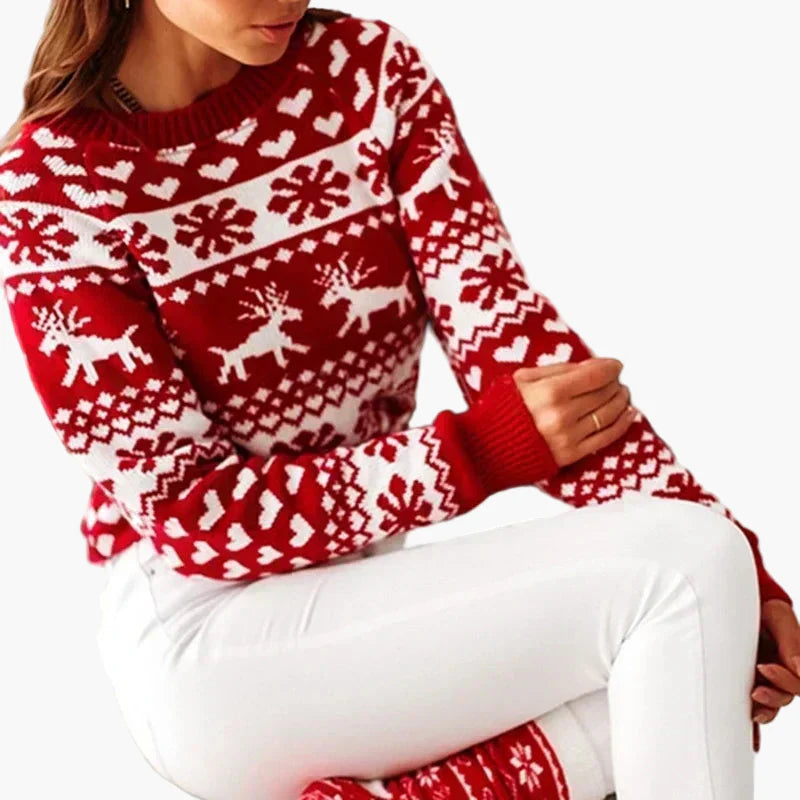 Pull de Noël femme style nordique à motifs rennes et flocons – Idéal pour l'hiver et les fêtes