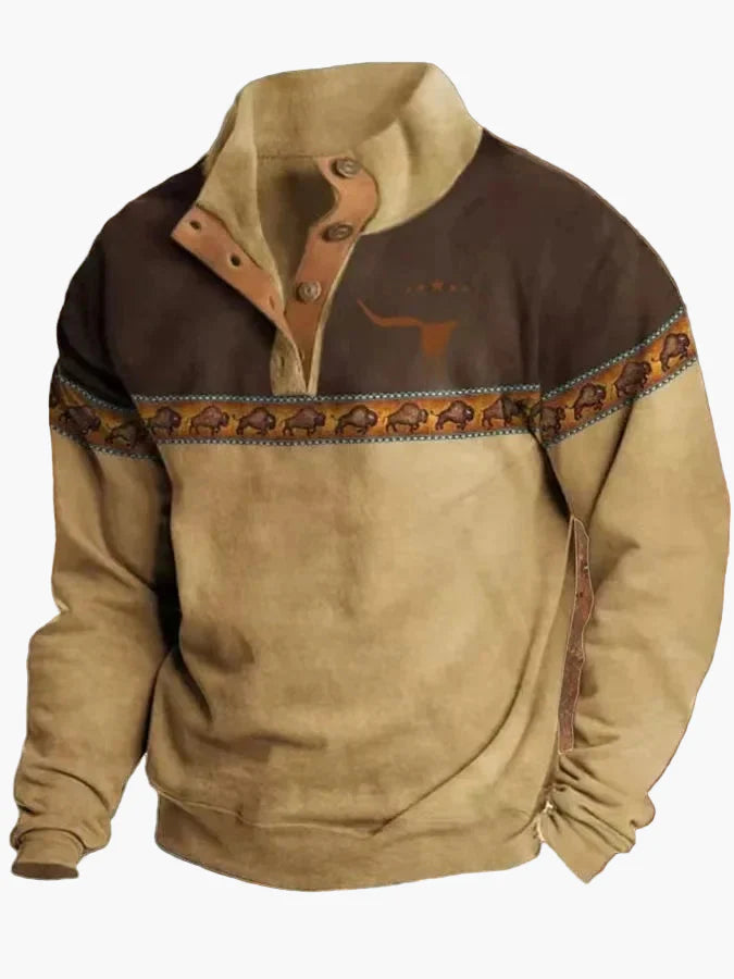 Pull Homme Style Western Vintage à Imprimé Ethnique et Col Montant – Décontracté et Tendance