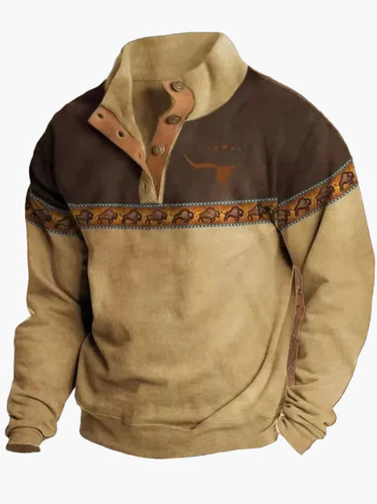 Pull Homme Style Western Vintage à Imprimé Ethnique et Col Montant – Décontracté et Tendance