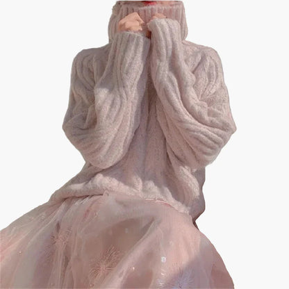 Pull col montant ample style coréen pour femme – Mode automne hiver, look doux et élégant