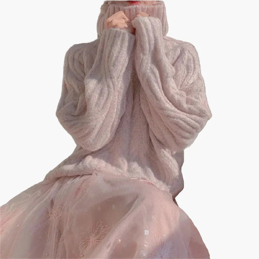 Pull col montant ample style coréen pour femme – Mode automne hiver, look doux et élégant