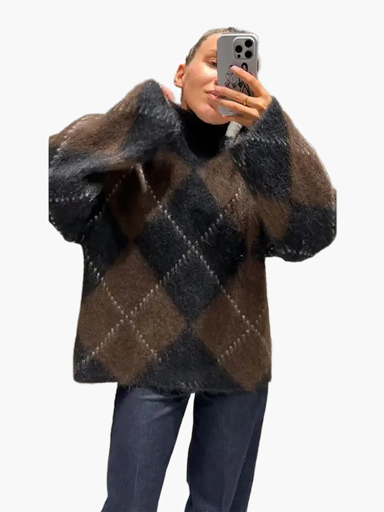 Pull oversize à motif losanges pour femme, style décontracté et tendance, idéal pour l'automne et l'hiver