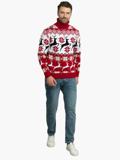 Pull de Noël à Col Montant pour Femme – Motifs Cerfs et Flocons, Style Hiver Festif