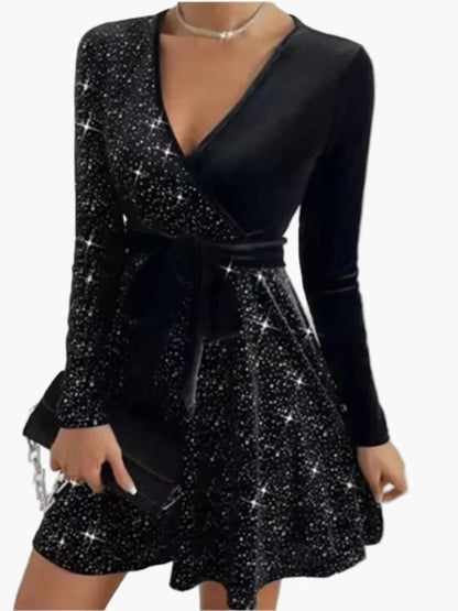 Robe de soirée femme élégante style patineuse à manches longues, effet pailleté, col cache-cœur, parfaite pour fêtes et événements